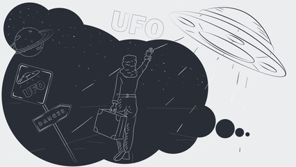 contoured black and white illustration of a girl with a large suitcase in her hand voting for a UFO flying past her