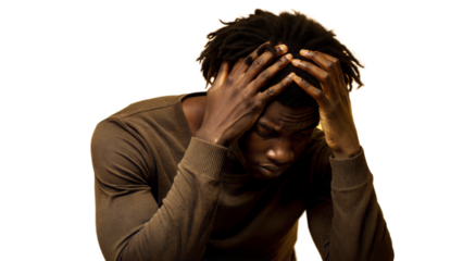 A person experiencing depression with a distressed expression on a transparent background