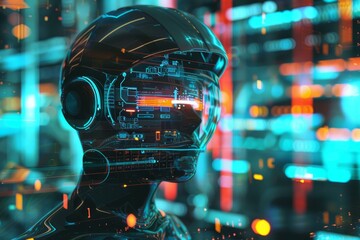 Hightech ai robot head with illuminated digital hud elements against a vivid cyber data backdrop