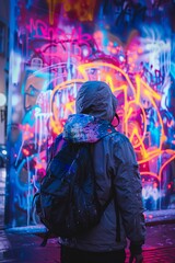 Street Artist Admiring Vivid Graffiti in Urban Alley