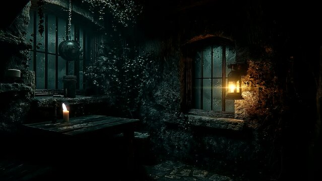Abandoned room with lantern and candlelight, eerie video background