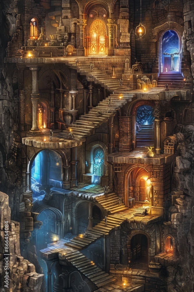 Poster a powerful wizard's tower filled with magical artifacts and secrets hidden in every corner.