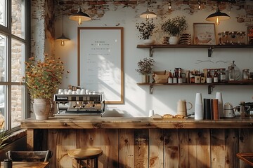 Rustic Coffee Shop Counter With Wooden Bar and Exposed Brick Wall