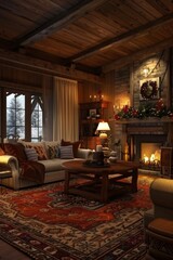 A realistic 3D model of a cozy living room with detailed furniture, decor, and a warm fireplace.