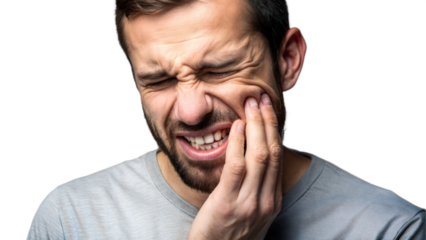 Man experiencing severe tooth pain indicating a possible dental issue on transparent background