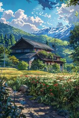 Fototapeta premium A sense of timelessness pervades the scene, as if the farmhouse has stood witness to countless sunsets and seasons, its enduring presence a testament to 
