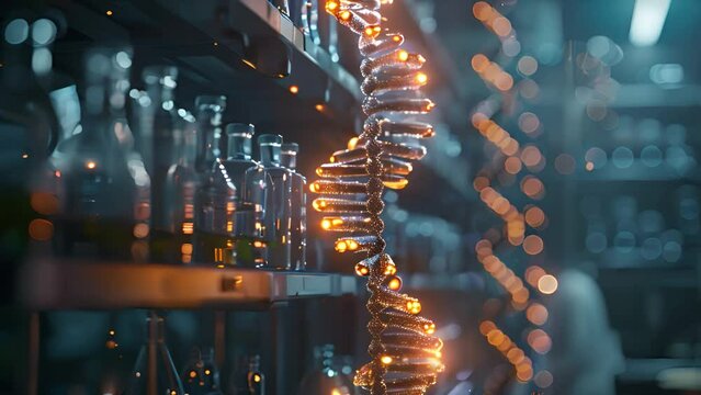 A glowing DNA CRISPR model in a laboratory setting, showcasing a futuristic approach to genetic engineering.