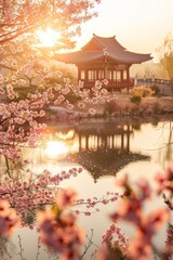 Obraz premium A serene spring scene at a hanok, with a calm pond, flowering trees, and sunlight creating a tranquil and picturesque setting.