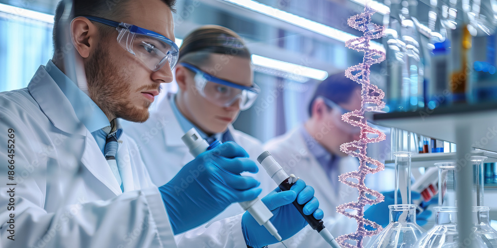 Poster genetic engineering: scientists working on gene editing techniques in a genetics lab