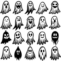 Black and white ghosts with different faces on a white background