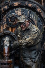 A steam engineer covered in soot and grease, adjusting a large valve in an industrial plant.