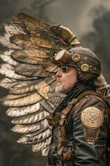 A steampunk aviator with brass wings and a leather helmet stands ready for flight, looking to the sky with determination.