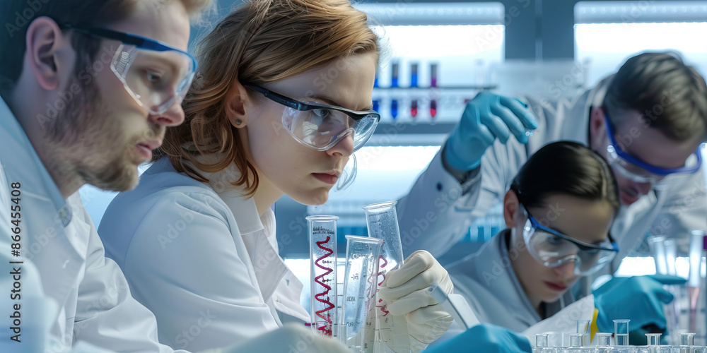 Poster genetic engineering: scientists working on gene editing techniques in a genetics lab
