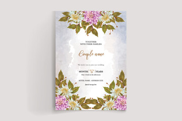 WEDDING INVITATION FRAME WITH FLOWER DECORATIONS AND FRESH LEAVES 