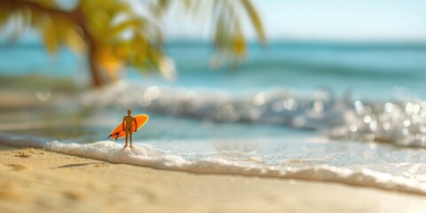 Obraz premium Tiny toy of surfer man on the beach sand in summertime vacations banner.