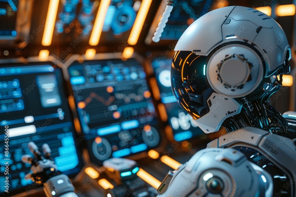 Poster advanced humanoid robot interfaces with complex control panels in a futuristic setting