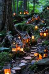 A tiny fairy village nestled in a forest, with miniature houses and glowing lanterns lighting the paths.