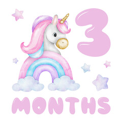 Baby Milestone Card of Cute unicorn on rainbow and stars. Baby's three month. Three months of baby girl. Monthly numbers cards. Newborn month postcard. Card for kids' photos.