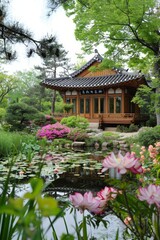 A traditional hanok surrounded by blooming flowers and lush trees, with a gentle spring breeze creating ripples on the nearby pond.