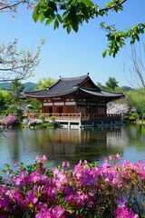 A traditional hanok surrounded by blooming flowers and lush trees, with a gentle spring breeze creating ripples on the nearby pond.