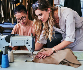 Fashion, teamwork and women with fabric design for creative small business mentorship. Sewing, tailor and professional designer in collaboration with help, training and manufacturing clothes together