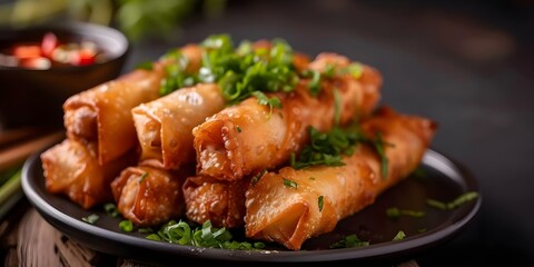 Fototapeta premium Delicious Dynamite Lumpia A Popular Filipino Appetizer Plate. Concept Filipino Cuisine, Lumpia Recipe, Appetizer Ideas, Dynamite Lumpia, Filipino Food