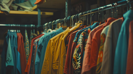 Obraz premium Vintage clothes in retro colours hang on a rack in the shop 