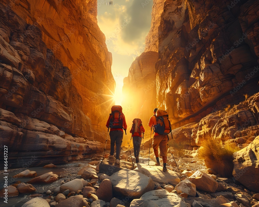 Poster hikers descending into illuminated canyon at sunrise hiking concept with copy space