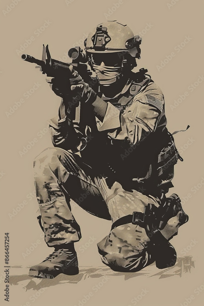 Wall mural Against a neutral backdrop, the Special Forces vector image portrays a figure equipped for action, their posture and expression suggesting a blend of discipline and determination.