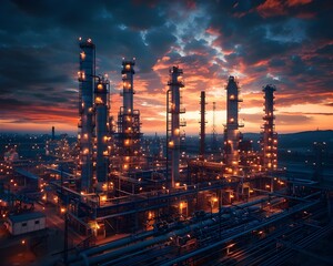 Illuminated Oil Refinery Towers and Pipelines at Dramatic Dusk Sky