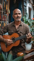 Obraz premium Spanish man with a guitar, looking soulful
