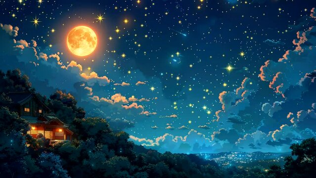 Starlit night sky over a cozy cabin, celestial video background