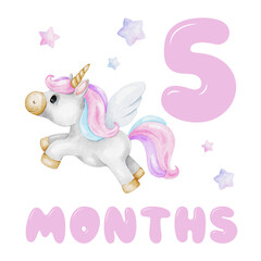 Baby Milestone Card of Cute unicorn and stars. Baby's five month. Five months of baby girl. Monthly numbers cards. Newborn month postcard. Card for kids' photos.