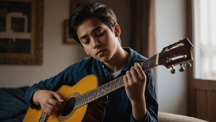 Obraz premium Young Musician Plays Guitar at Home