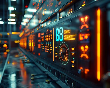 Energy Plant Turbines and Generators Producing Electricity in Control Room Setting with Illuminated Instrumentation and Digital Displays