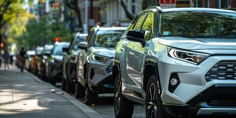City traffic with cars parked in a row on a city street side on a bright autumn day with blurred people walking in a pedestrian zone. Vehicle parking concept.