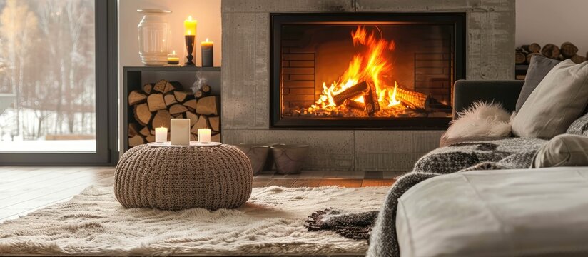Comfortable living room with a fireplace featuring burning firewood in a modern setting.