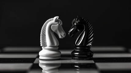 A knight with a white pawn in chess faces a black knight on a chessboard.