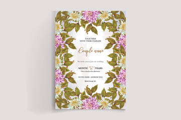 WEDDING INVITATION FRAME WITH FLOWER DECORATIONS AND FRESH LEAVES 