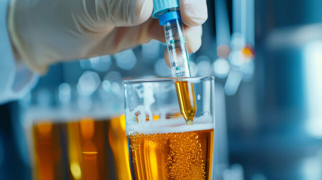 A close-up of a brewer's hand testing beer quality with a hydrometer in a glass tube 