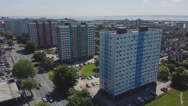 Drone 50fps. High rise block of flats. Council social housing accommodation in city center. 