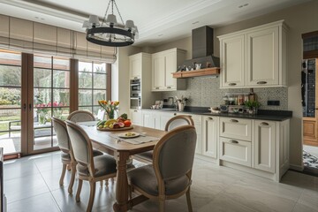 Fototapeta premium A modern kitchen featuring a dining table set in front of a window overlooking a green backyard