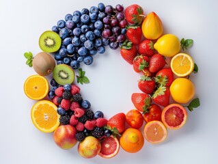 Diverse fruits in vivid colors forming a perfect circle on a pristine white background, viewed from above with futuristic lighting effects