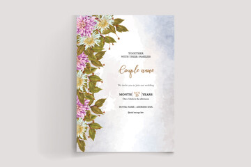 WEDDING INVITATION FRAME WITH FLOWER DECORATIONS AND FRESH LEAVES 