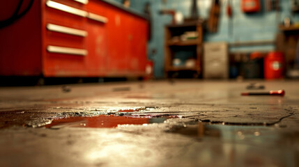 A garage with a cracked concrete floor, oil stains, and broken tools scattered around 