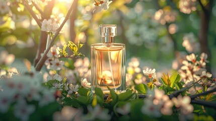 A bottle of perfume is placed on a bed of flowers