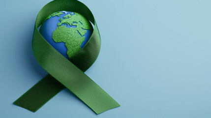 A green ribbon wrapped around a globe, symbolizing global support for organ donation, with a soft blue background 