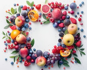 Futuristic fruit circle on a pure white background, top-down perspective, showcasing vibrant colors and sleek designs with holographic accents