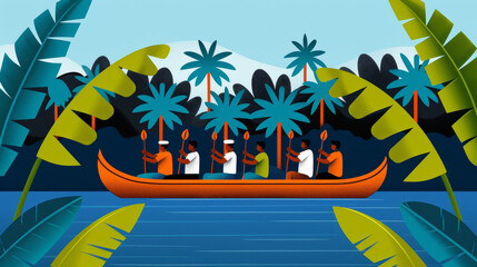 A lively Onam boat race with teams rowing traditional snake boats, crowds cheering from the shore 