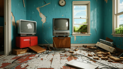 A living room with chewed wires and gnawed furniture, signs of a mouse infestation 